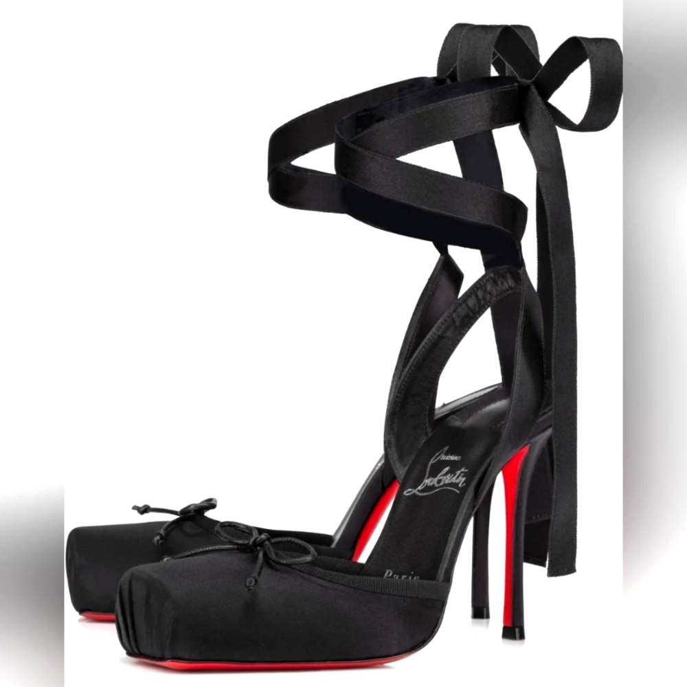 Christian Louboutin Cassia Lace Up 100 Black Tie Ballet Sandal Heel Pump 40